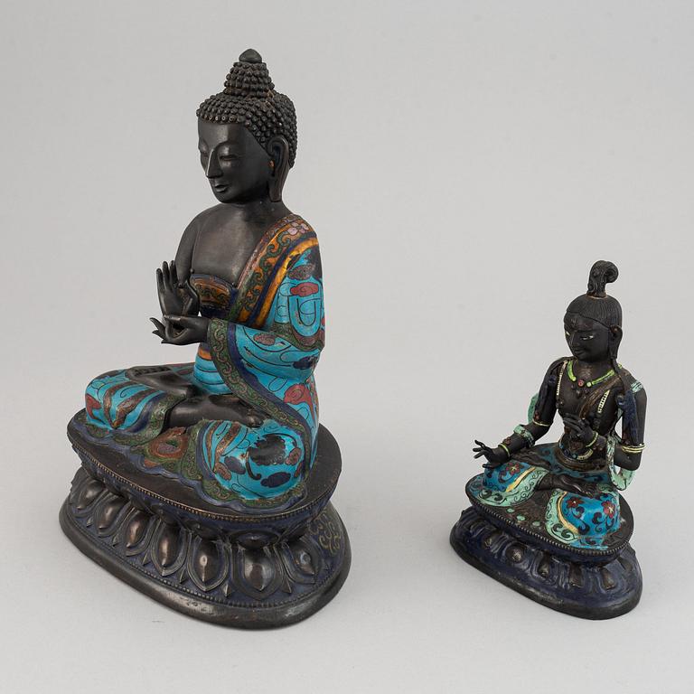 Two Chinese cloissone and bronze buddhas, 20th Century.