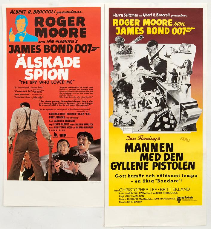 A set of two Swedish movie posters James Bond "Mannen med den gyllene pistolen" och "Älskad spion" 1974/1977.