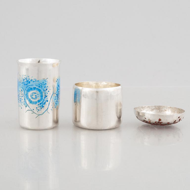 A silver and enamel box with lid and a small beaker, marks of Lars Arby, Gothenburg, Sweden 1963-1964.