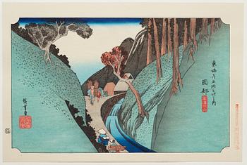 ANDO HIROSHIGE, senare avdrag, mapp, "The fifty-three stations on the tokaido", utgiven av Kata Hanga Kenkyujo.