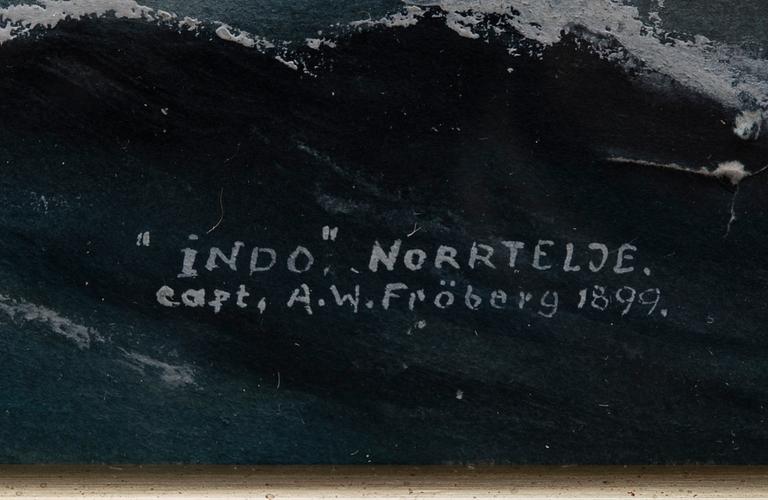 GUSTAF FREDRIKSSON, akvarell med täckvitt, signerad och märkt "Indo", Norrtelje, Capt. A.W. Fröberg 1899.
