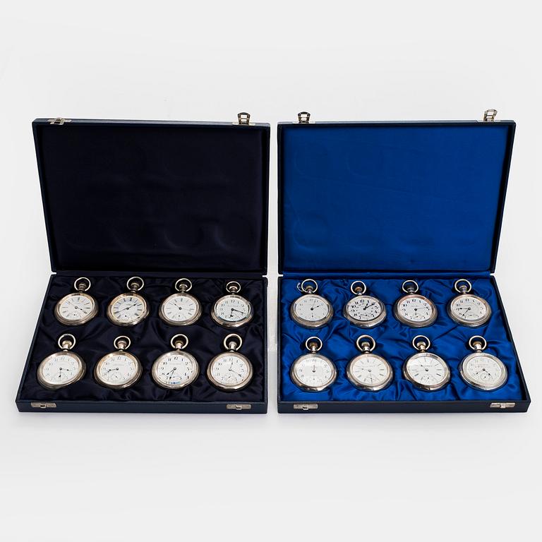 Kokoelma taskukelloja, 16 kpl, hopeaa.