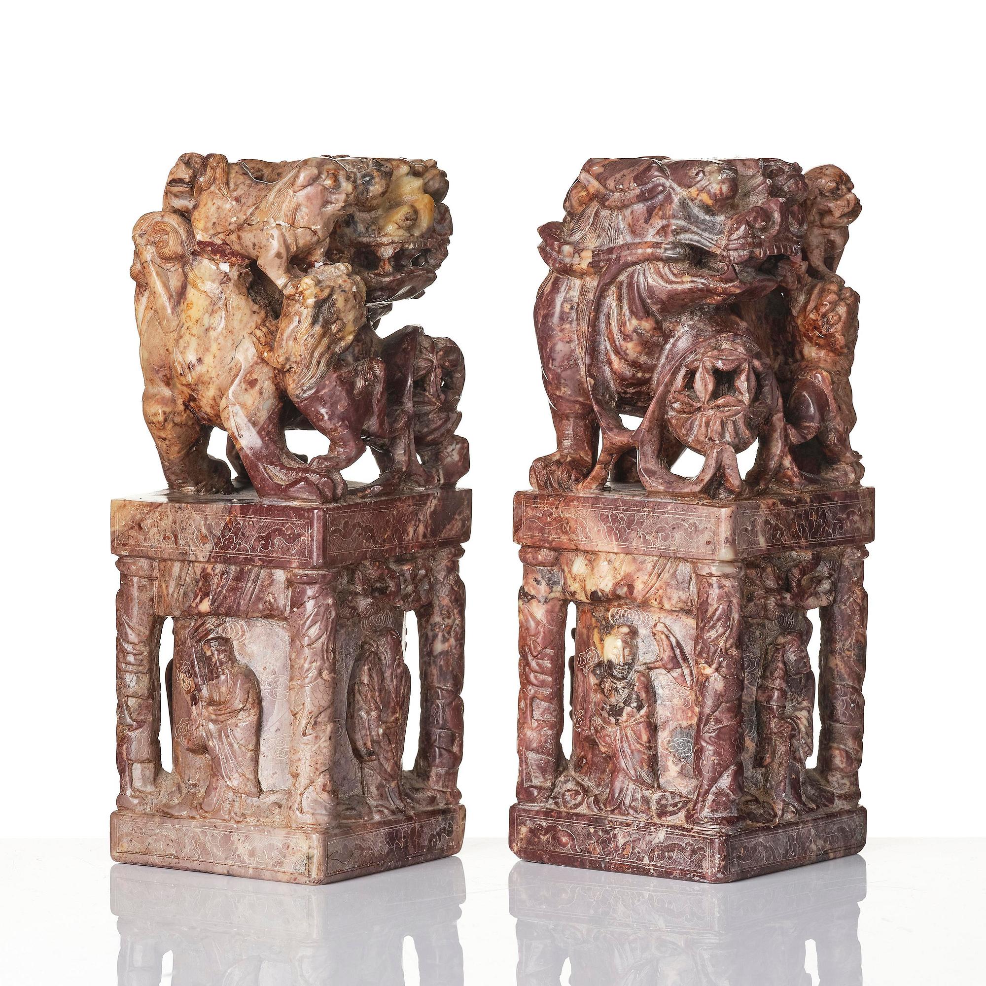A pair of large soapstone seal stamps, late Qing dynasty/circa 1900.