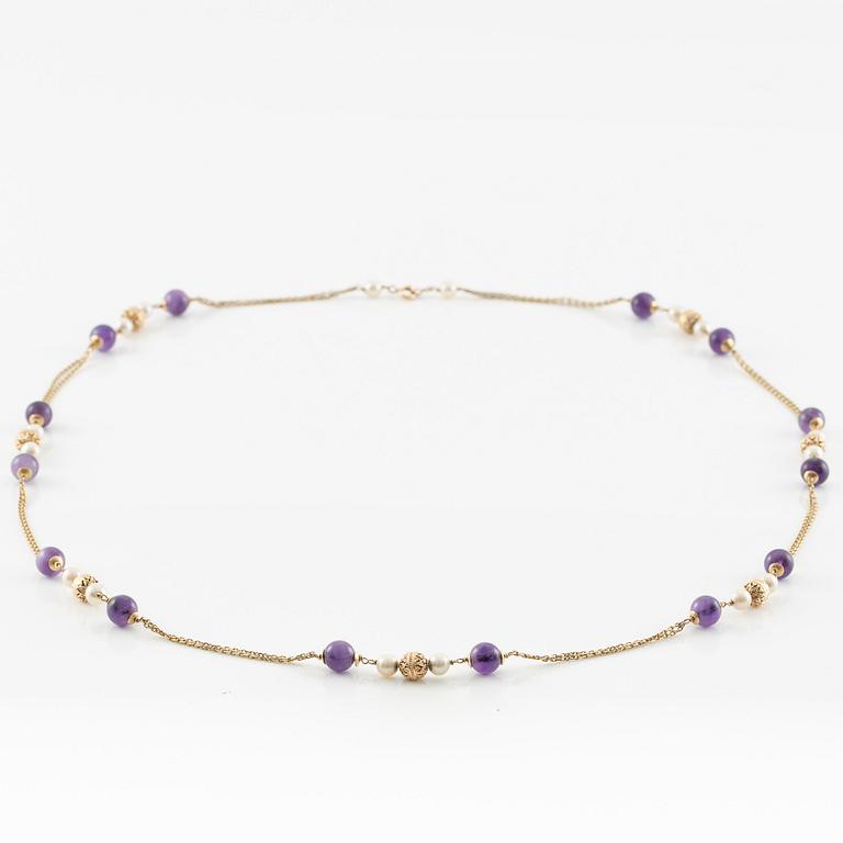 Necklace 14K gold with pearls and amethysts, Austria, Vienna.