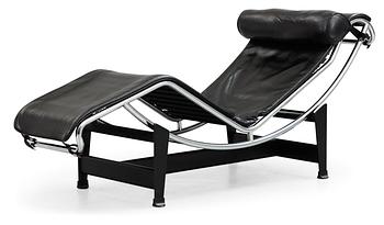 A Le Corbusier 'LC 4' black leather and chromed steel reclining chair, Cassina, Italy.