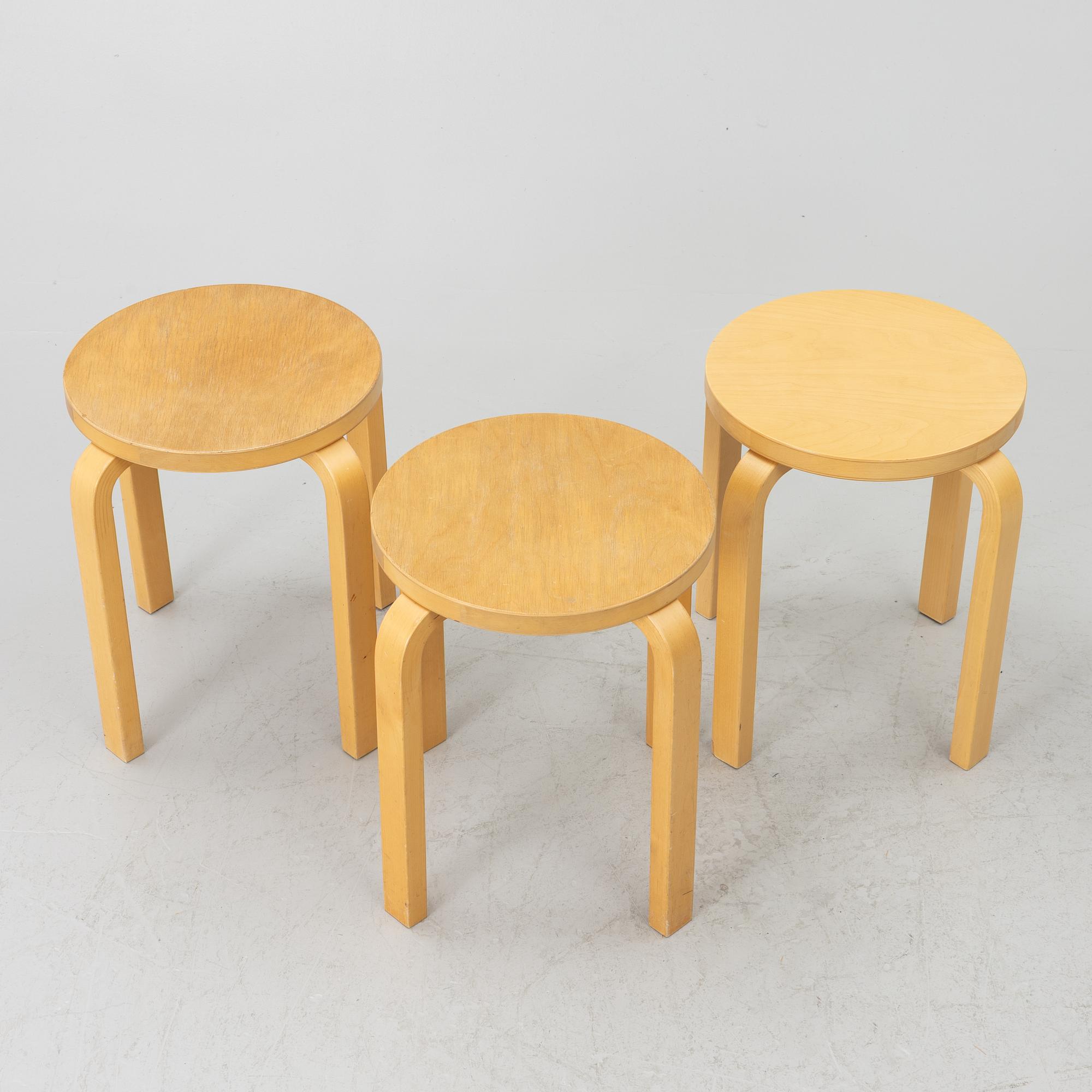 Alvar Aalto, stools, 3 pcs, model E60, Artek, Finland.