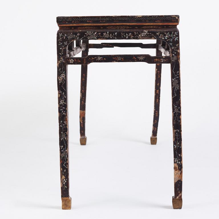 A  Chinese black lacquered altar table with mother of pearl inlay, 17th /18th Century.