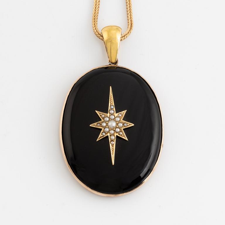 Black stone and seed pearls locket, with chain.