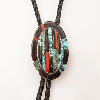 Cowboy ties, 2 pcs, sterling silver with turquoises and stones, and a necklace.