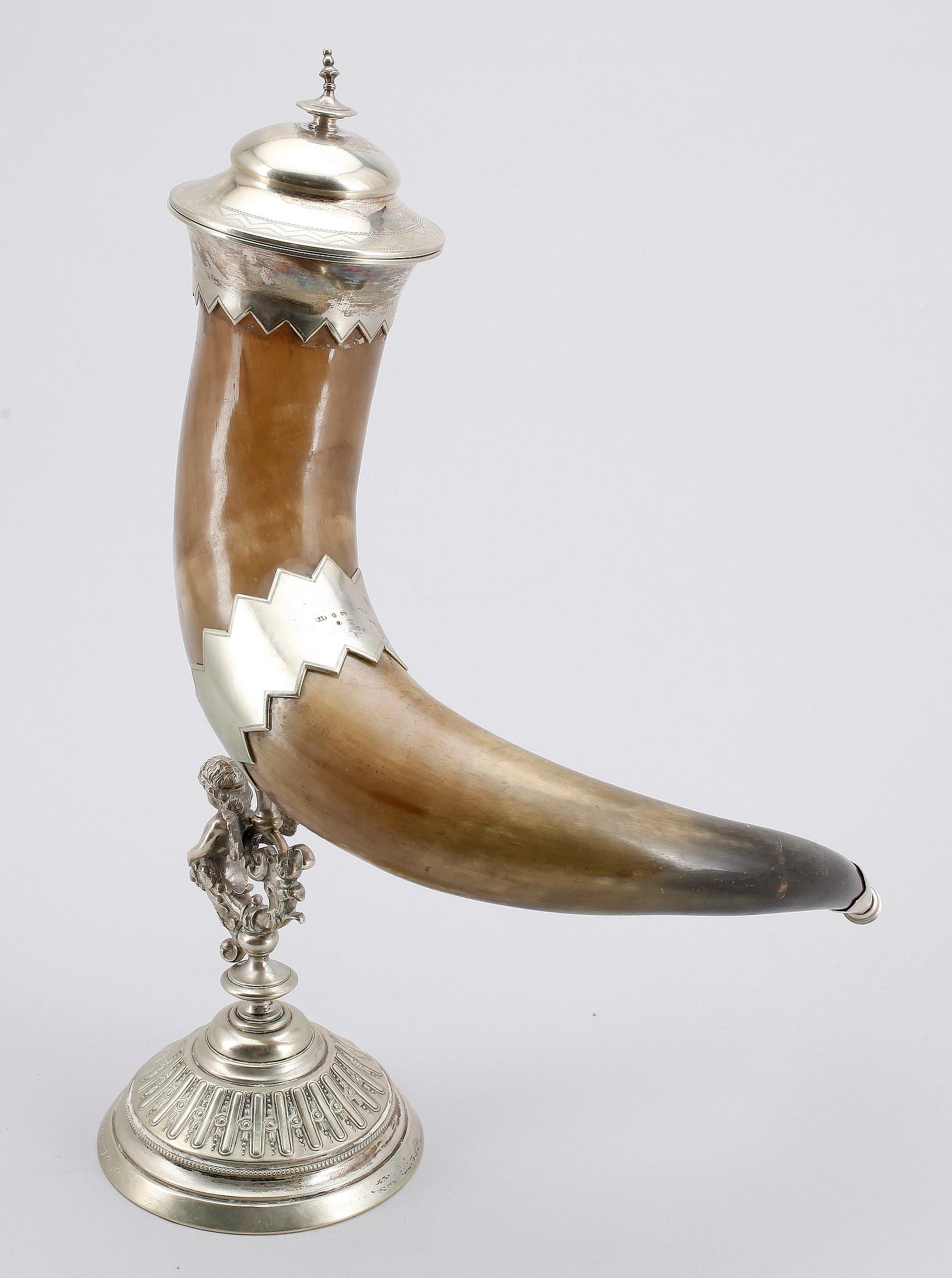 DRYCKESHORN, nysilver och horn, GAB, Stockholm, 1800-talets slut.