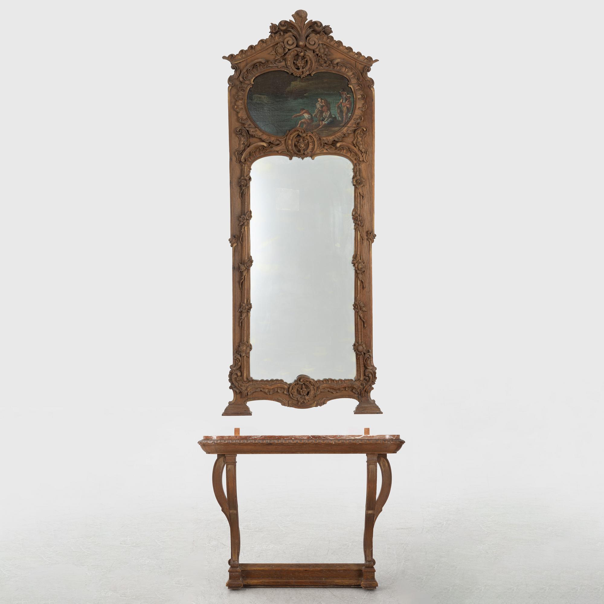 Spegel med konsolbord, sent 1800-tal, med målning, 1700-tal.