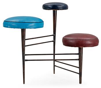 649. A 1950's black lacquered iron and leather stool, possibly Italy.