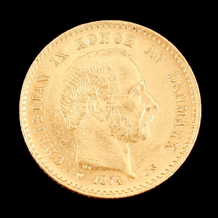 GULDMYNT, 10 kr, Christian IX, 1874. Vikt ca 4 gram.