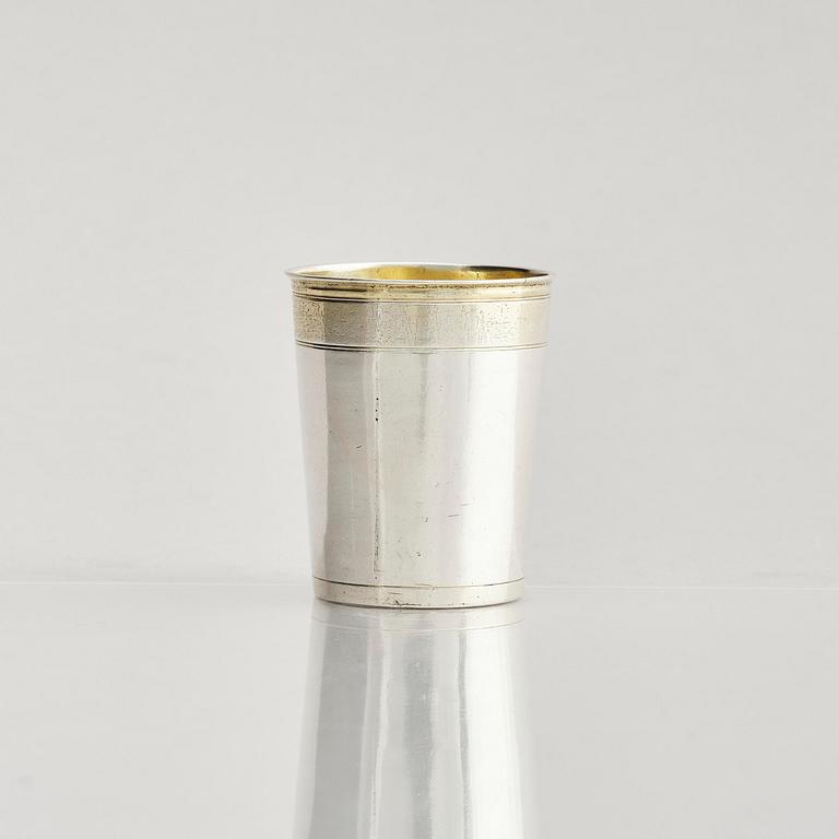 A German parcel-gilt silver beaker, mark of Paul Solanier (1635-1724), Augsburg possibly 1697-99.