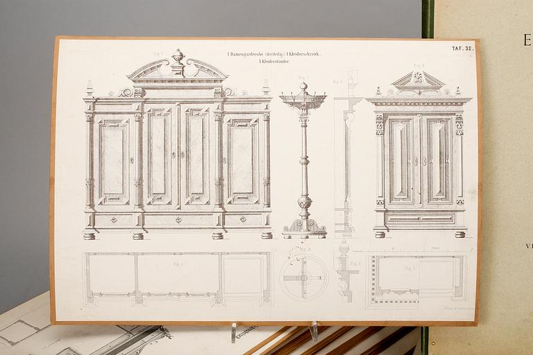 MÖBELPLANSCHER, ca 60 stycken, nyrokoko och nyrenässans, Tyskland, 1800-talets slut.