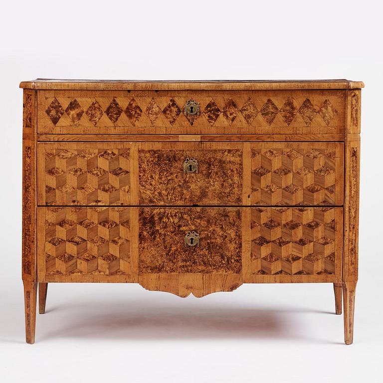 A late Gustavian burr alder-veneered commode, Mälardalen, late 18th century.