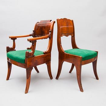 KARMSTOLAR, ett par, och STOLAR, 7 st, biedermeier, Ryssland 1830-1850.