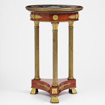 An Empire-style mahogany table with a pietre dure, micromosaic and specimen marble top, mid 19th century.