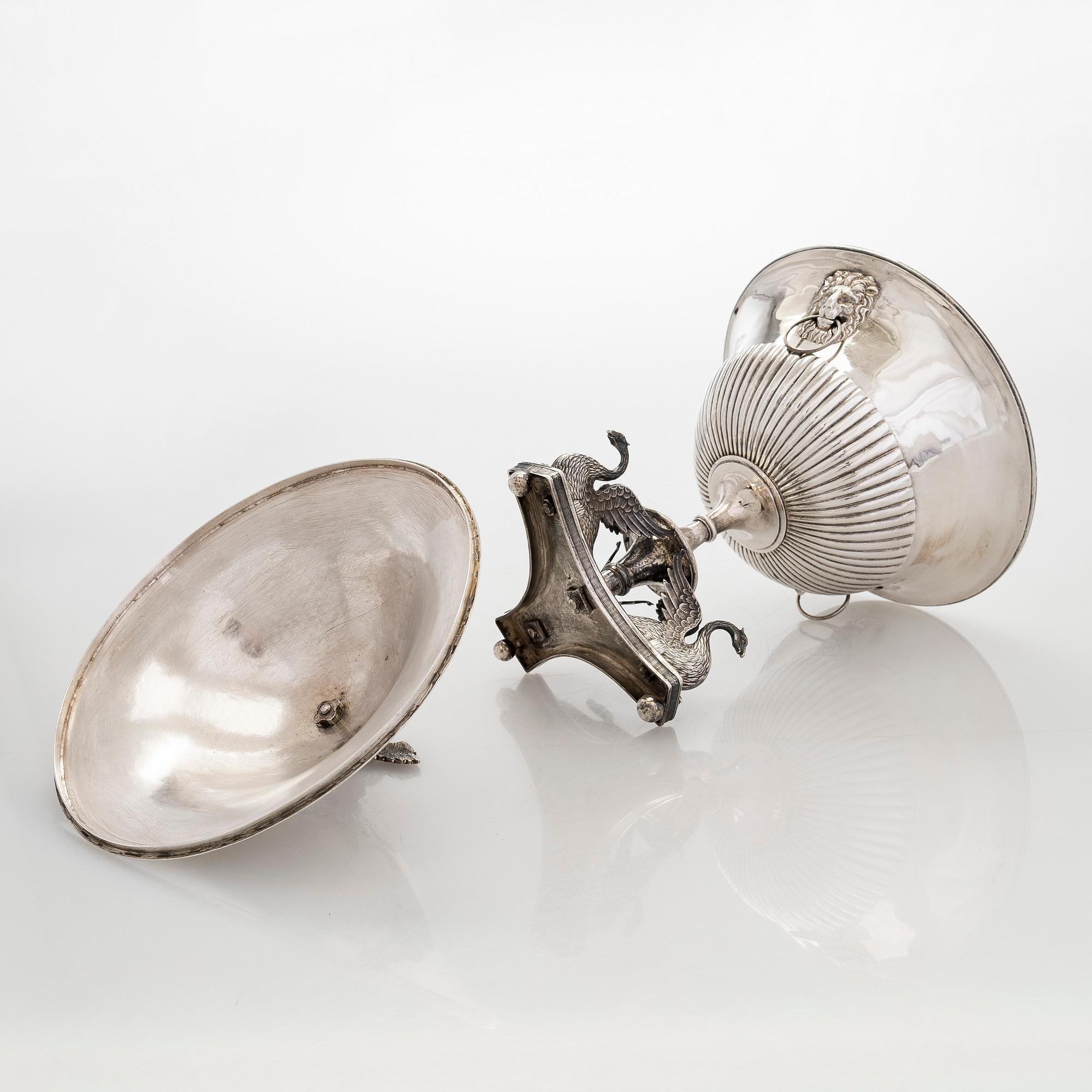 An Empire Style silver sugar bowl with lid, maker's mark of Carl Gustaf Herpel, Stockholm 1818.