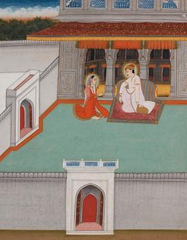 An illustration to a poetic series, elegant ladies of the court, India, late 18th century.