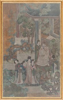 A painting with court attendants in a garden, Qing dynasty, 19th Century.