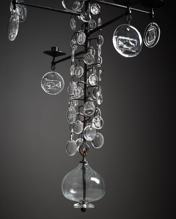 Erik Höglund, ljuskrona för 16 ljus, Boda glasbruk och smide, 1960-70-tal.
