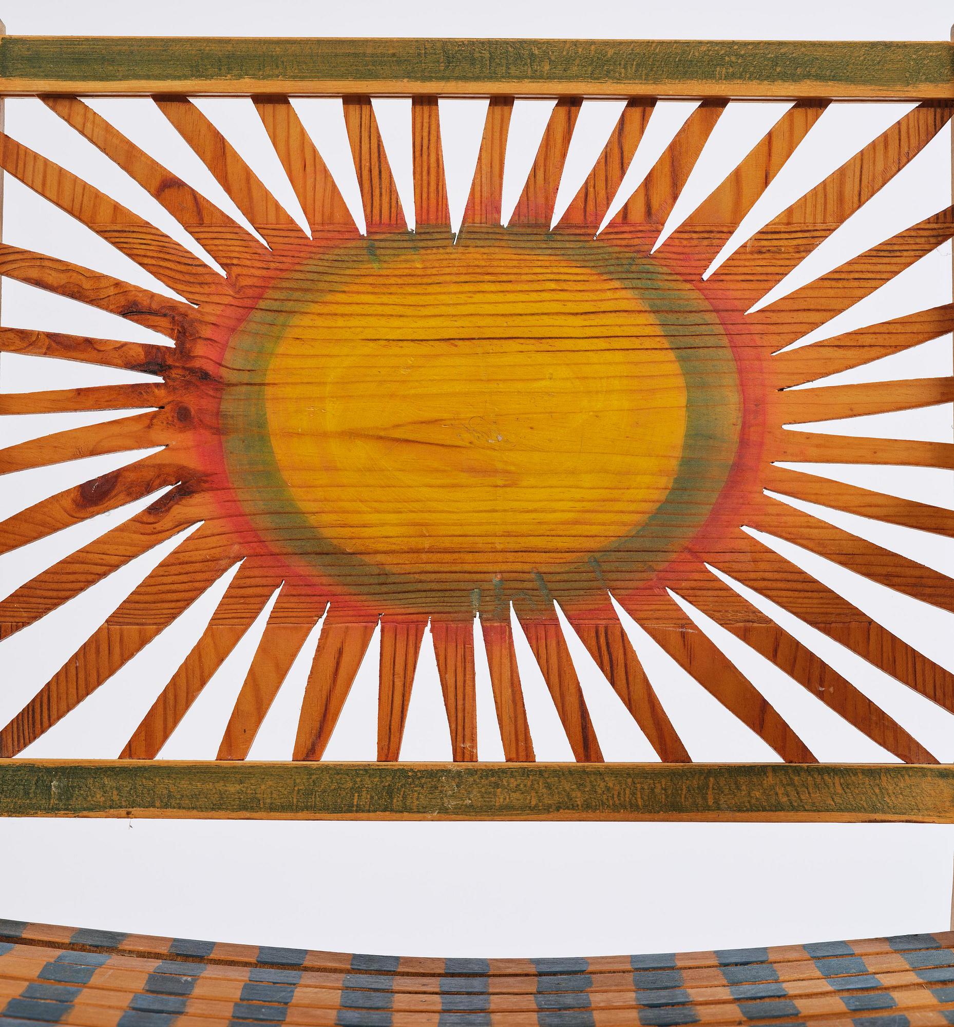 Gérard Rigot, a sculpted and painted oak chair, exectued in his studio, France, second half of the 20th century.