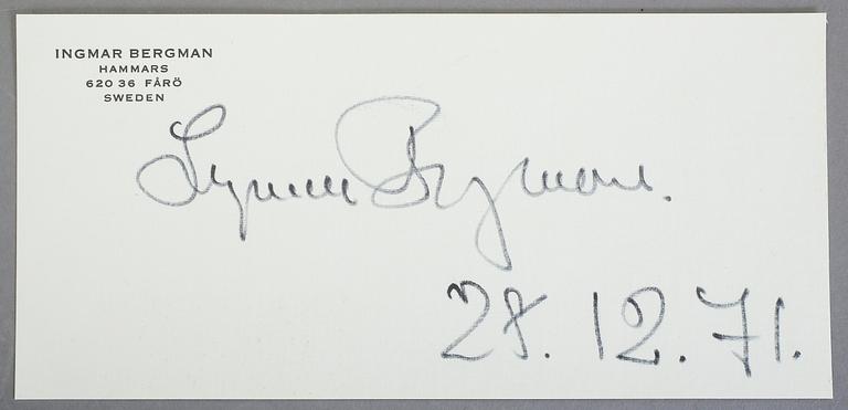 INGMAR BERGMAN, brevkort med namnteckning, dat 28.12. 71.