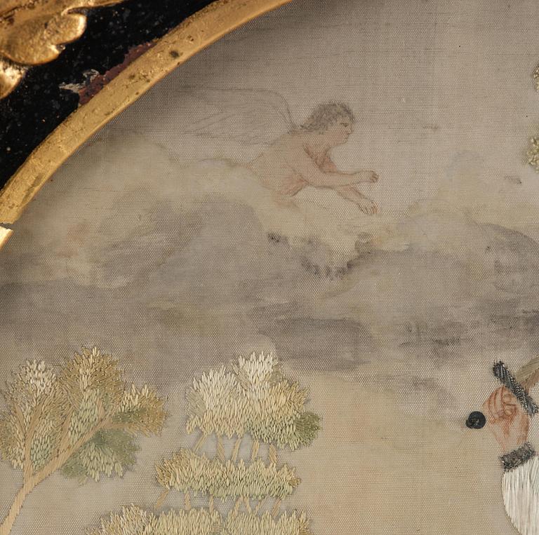 A late Gustavian frame and silk embroidery, dated 1802.