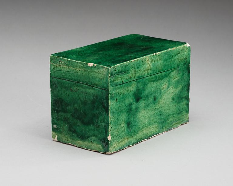 A green and yellow glazed potted figure of a chest, Ming dynasty (1368-1644).