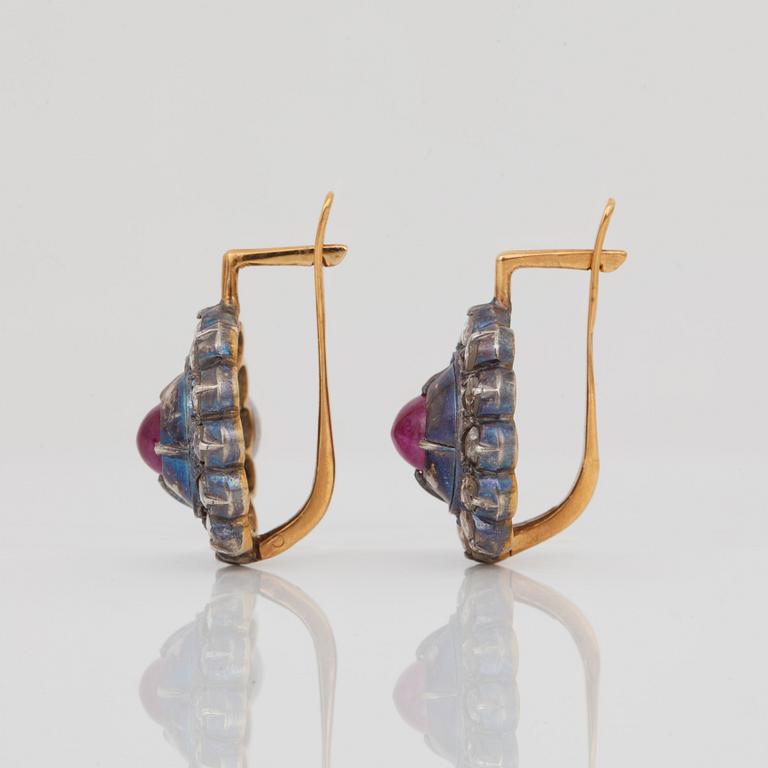 A pair of ruby and old-cut diamond earrings by Hlebnikoff, Moscow, 1899-1908.