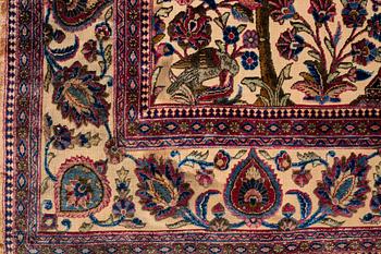 A rug, semi-antique, silk Kashan relief (souf), ca 196 x 129.5 cm (as well as 1,5 cm flat weave at one end).