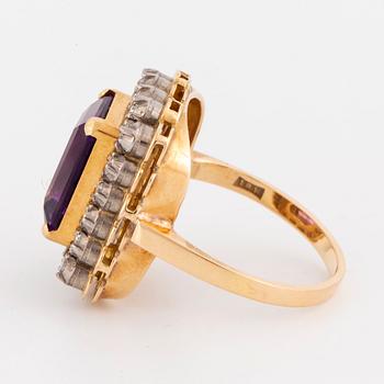 Emerald-cut amethyst and eight -cut diamond ring.