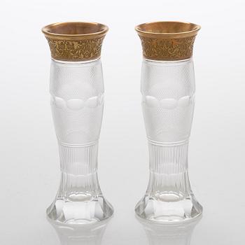 Two crystal vases with gilded metal parts. Moser.