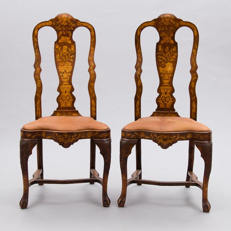 A pair of Dutch 19th Century chairs with inlays.