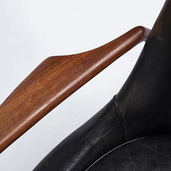 Ib Kofod Larsen, a black leather "Sälen" easy chair, Olof Perssons Fåtöljindustri (OPE), Sweden, 1950-60's.