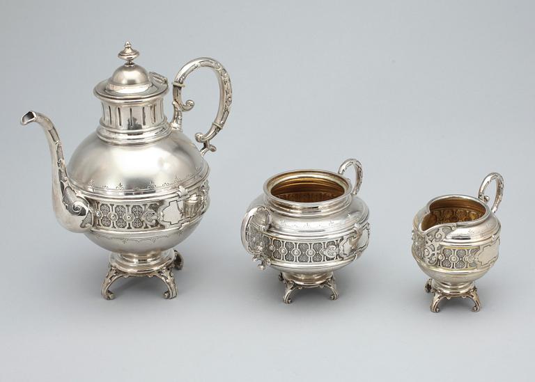 KAFFESERVIS, 3 delar silver, nyrenässans, Carl August Nilsson Malmö 1888, totalvikt 770 gr.