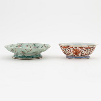 A famille rose jar with cover, box with cover and a dish and a bowl, China, circa 1900.