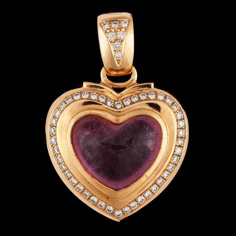 A heart chaped pink tourmaline and brilliant cut diamond pendant.