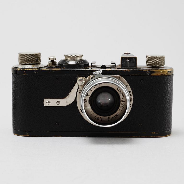 Three cameras, partly Leica I camera, model A, Elmar, 1930s.