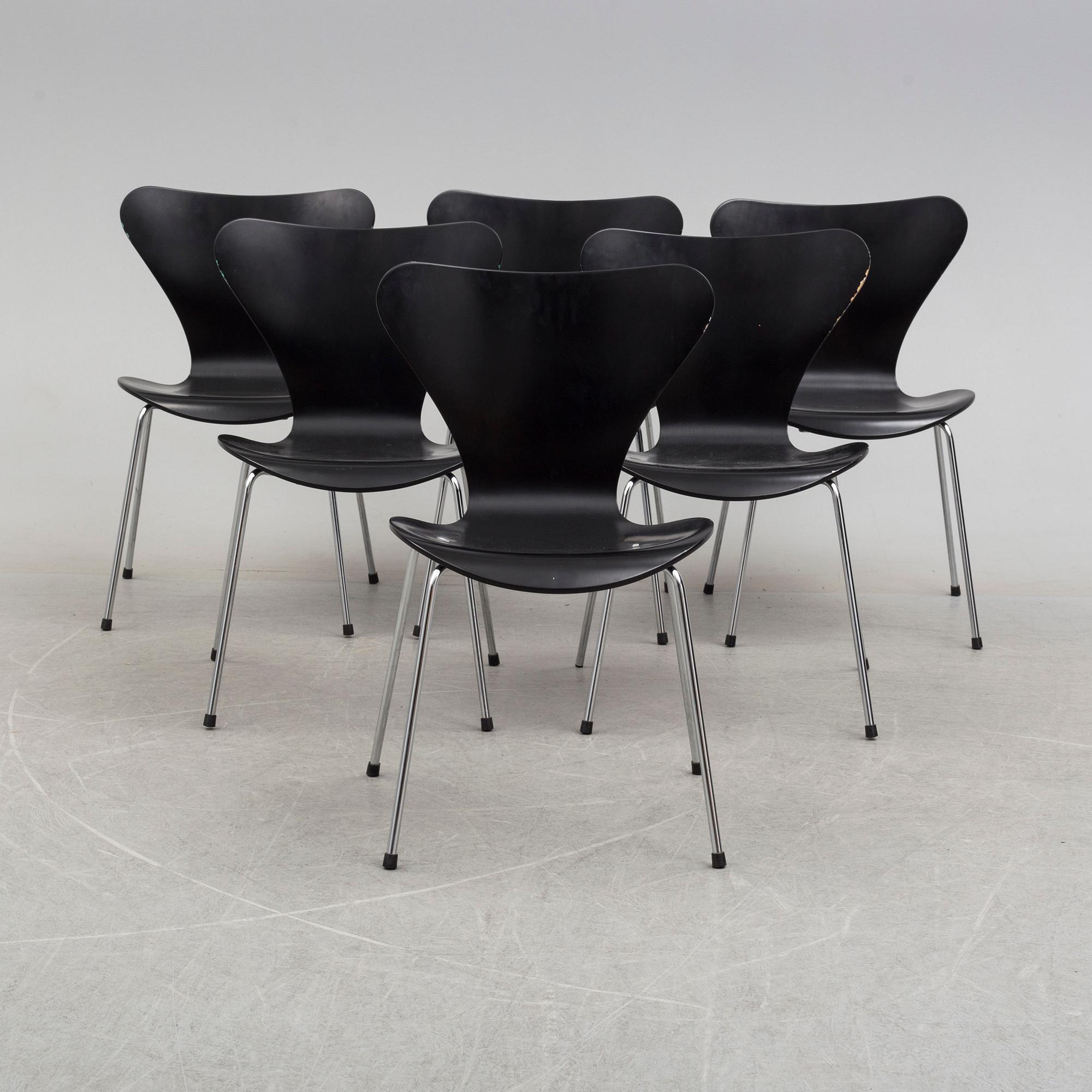 ARNE JACOBSEN, stolar, 6 st, "Sjuan", Fritz Hansen,