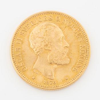 Gold coin, Oscar II, 20 kronor, type II, Sweden 1876.