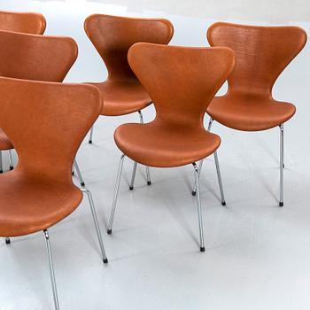 Arne Jacobsen chairs, 6 pcs, "Sjuan", Fritz Hansen, Denmark later part of the 20th century.