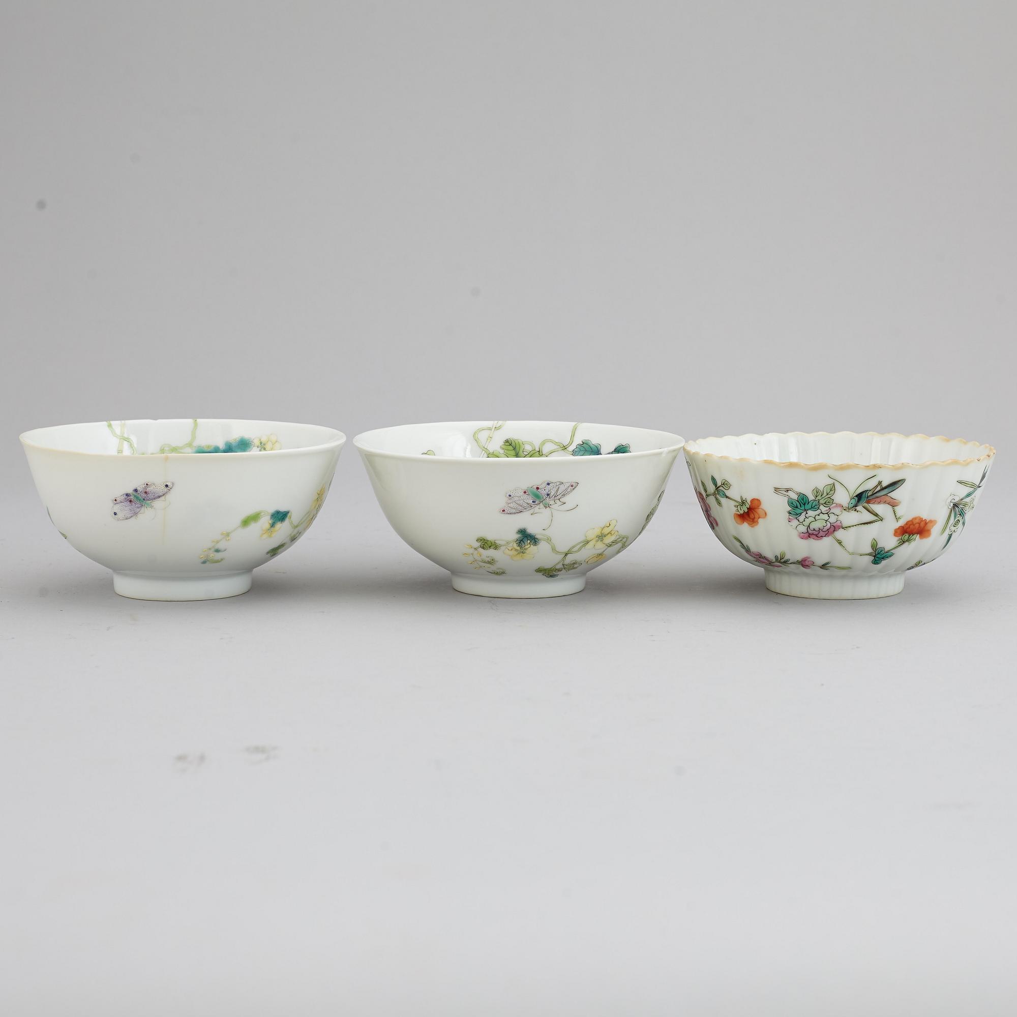 A set of three famille rose bowls, China, 20th Century.