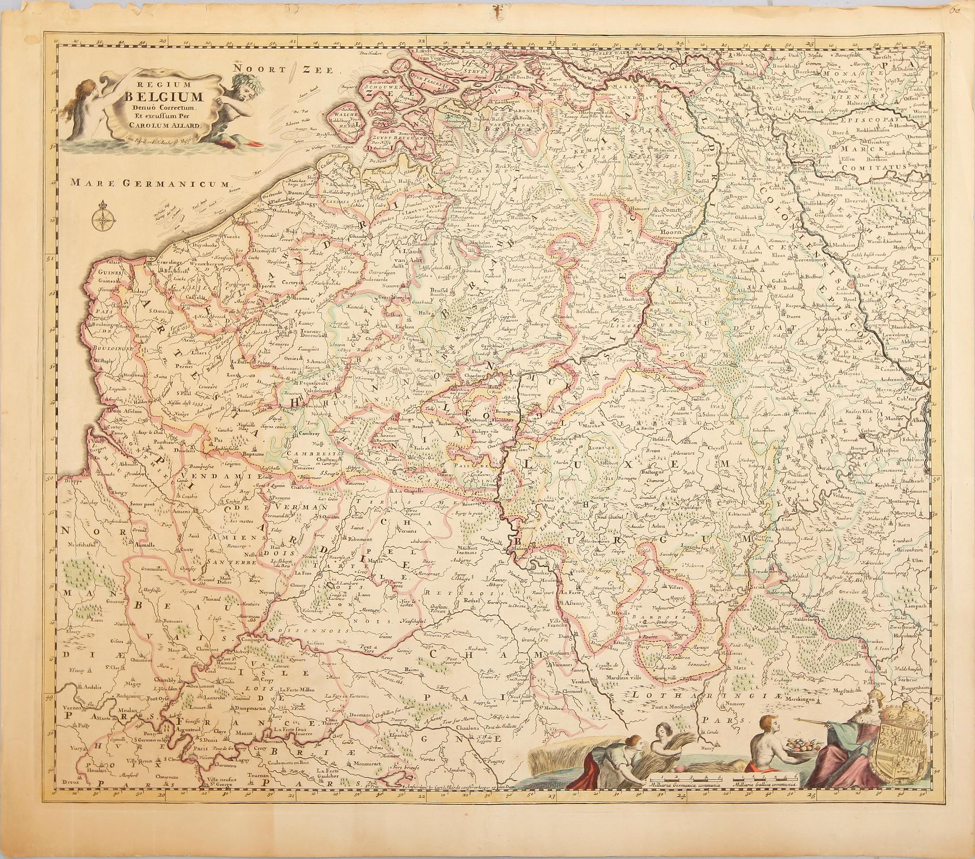 KARTOR, 3 st, kolorerade kopparstick, Belgien, 1700-tal.