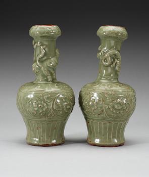 Two celadon glazed longquan vases, Ming dynasty (1368-1644).