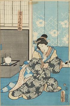 Utagawa Kunisada, färgträsnitt, 2 st, Japan, 1800-talets mitt.