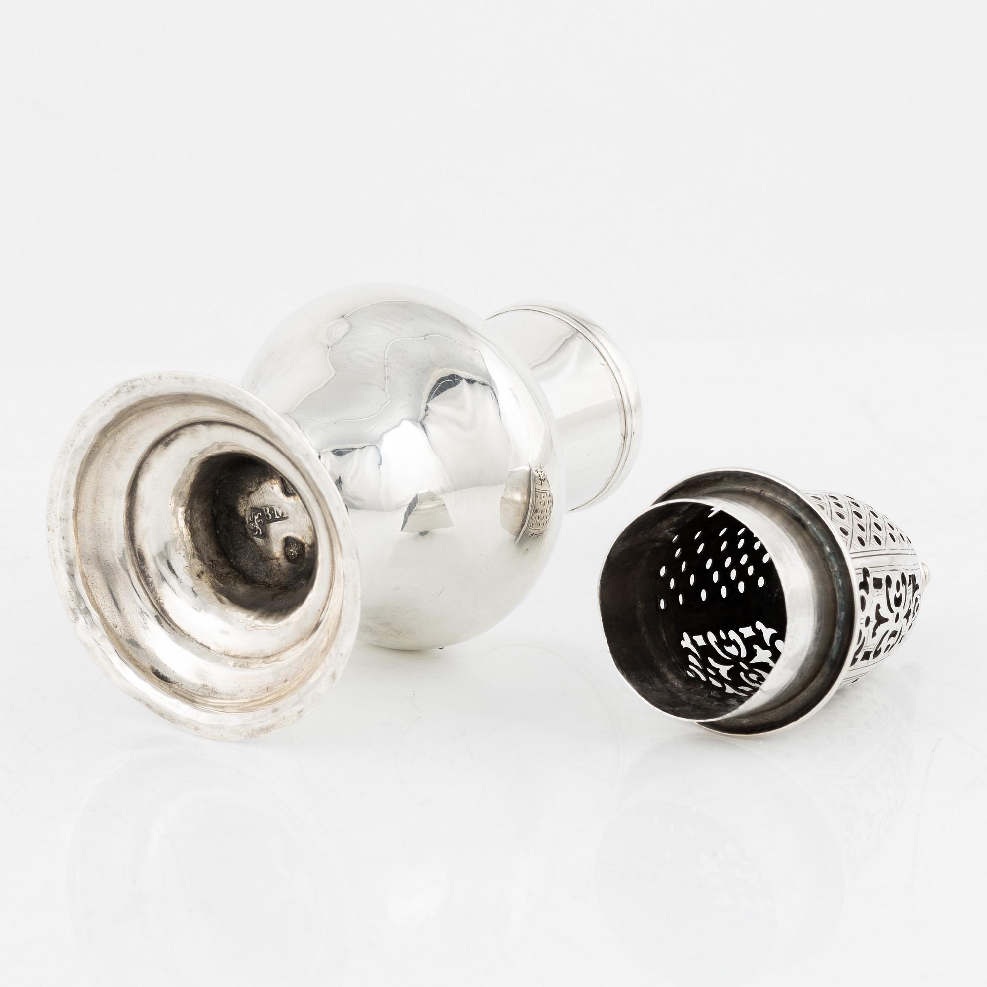 An English silver sugar shaker, marks of Benjamin Mordecai, London 1781.