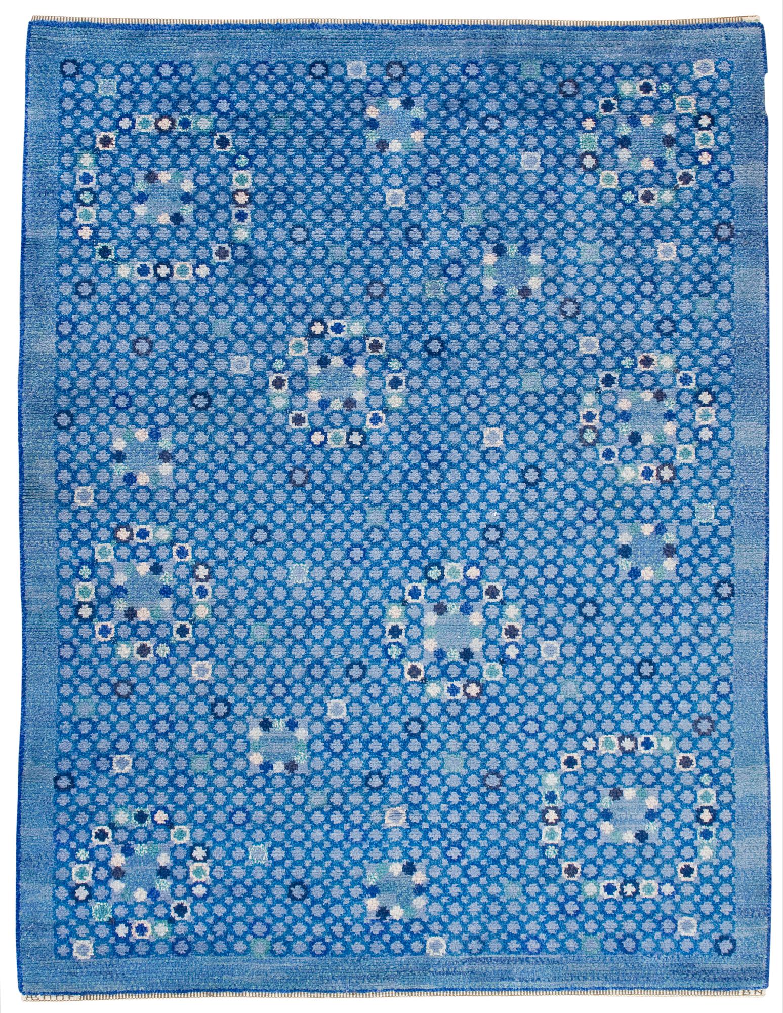 MATTA. "Bankrabatten blå ". Flossa. 226,5 x 168 cm. Signerad AB MMF BN (AB Märta Måås-Fjetterström, Barbro Nilsson).