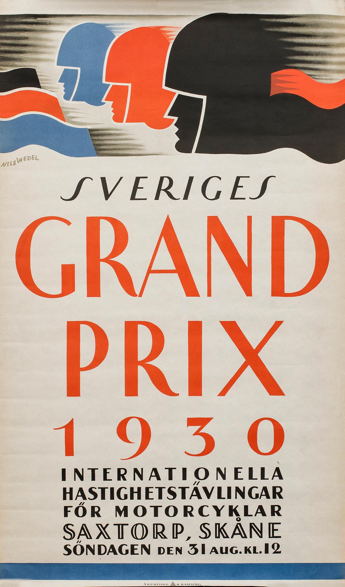ORIGINALAFFISCH "GRAND PRIX OF SWEDEN 1930" tryckt hos Åkerlund & Rausing.